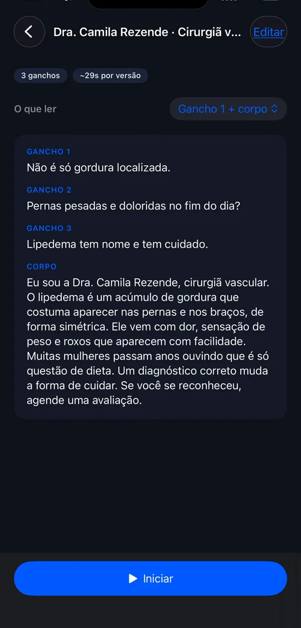 Roteiro com ganchos e corpo, pronto para iniciar